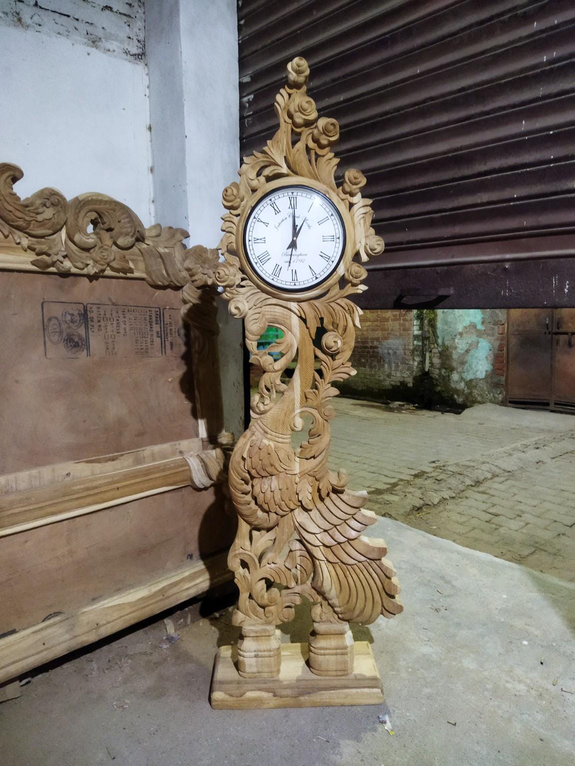 Hand Carved Wooden Grandfather Clock | Antique Peacock Design, Indian Art Home Decor