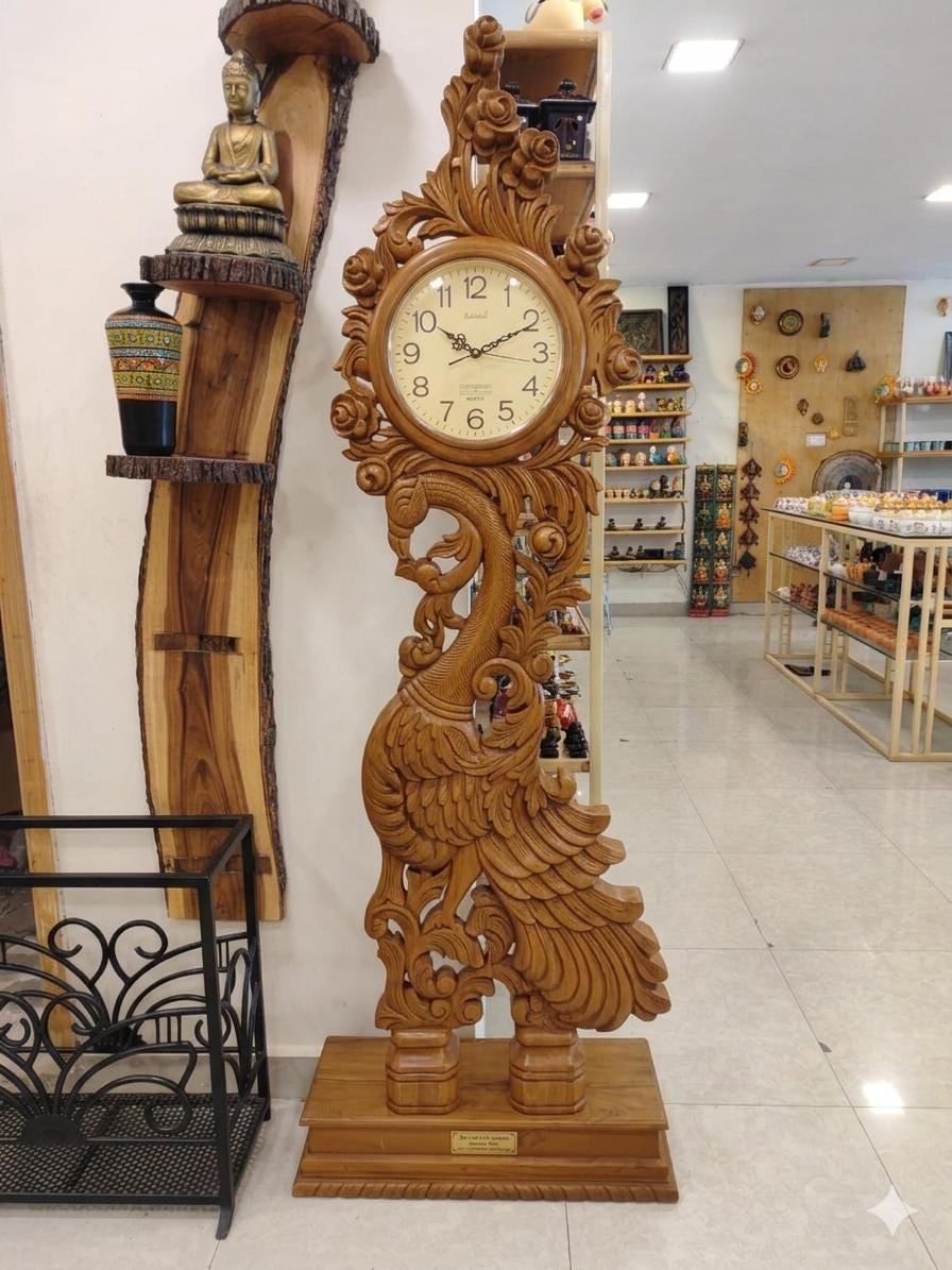 Hand Carved Wooden Grandfather Clock | Antique Peacock Design, Indian Art Home Decor