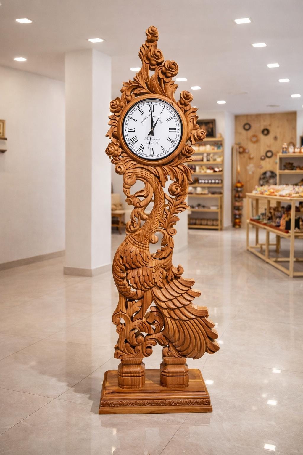 Hand Carved Wooden Grandfather Clock | Antique Peacock Design, Indian Art Home Decor