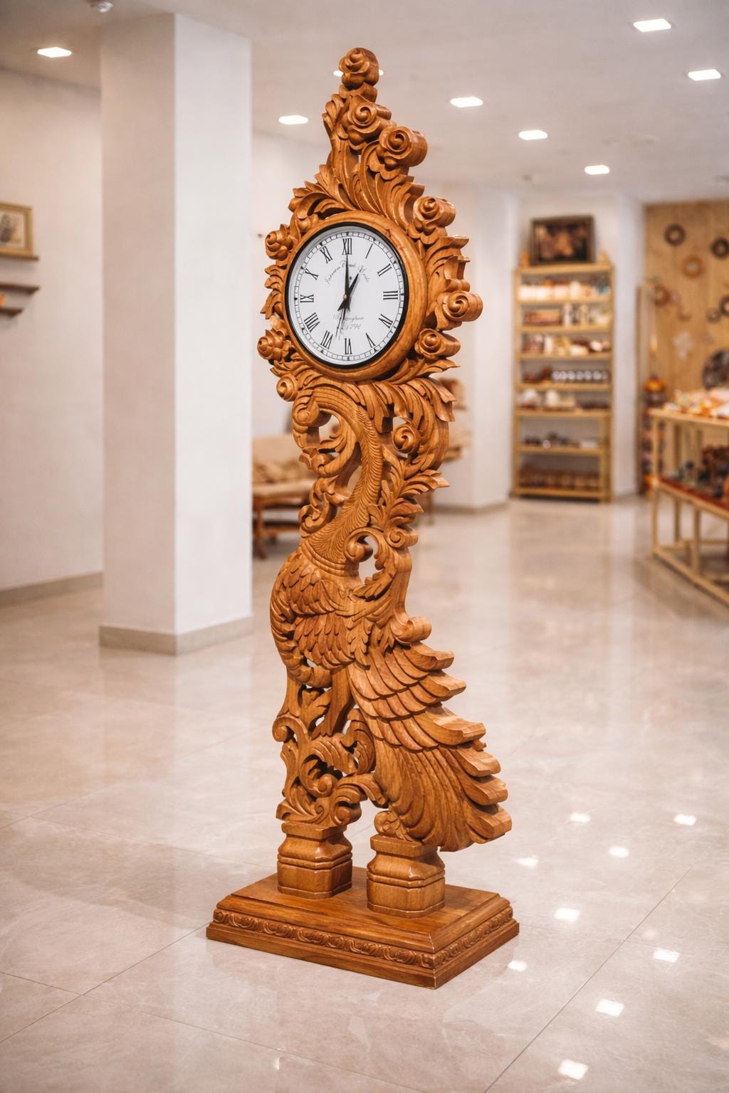 Hand Carved Wooden Grandfather Clock | Antique Peacock Design, Indian Art Home Decor