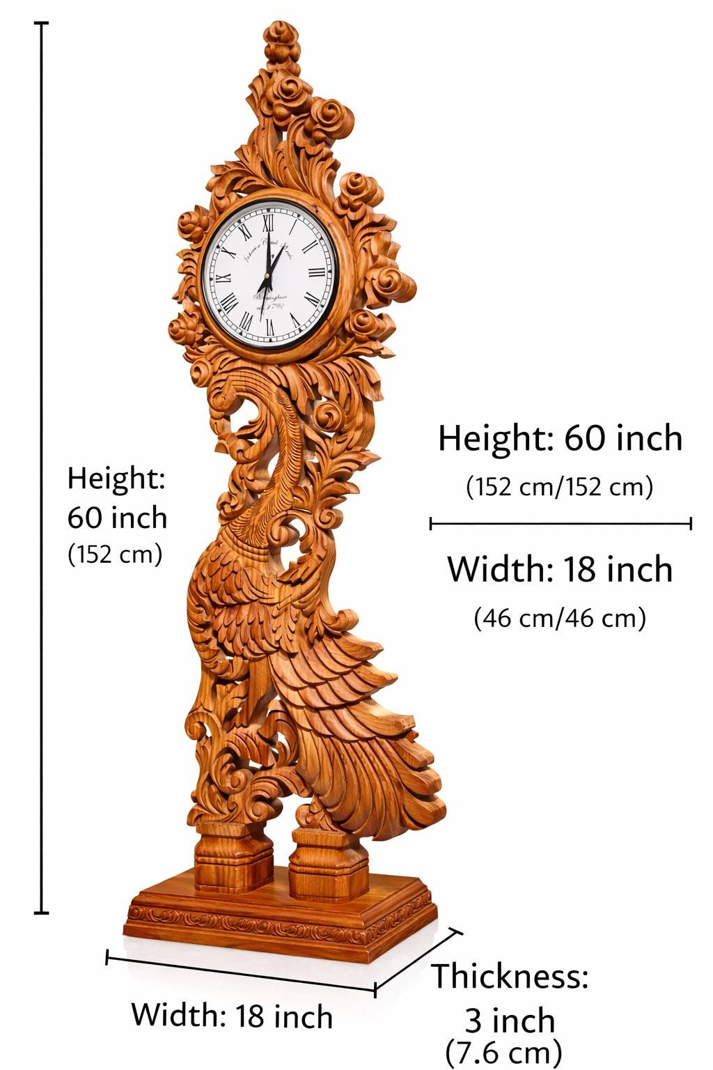 Hand Carved Wooden Grandfather Clock | Antique Peacock Design, Indian Art Home Decor