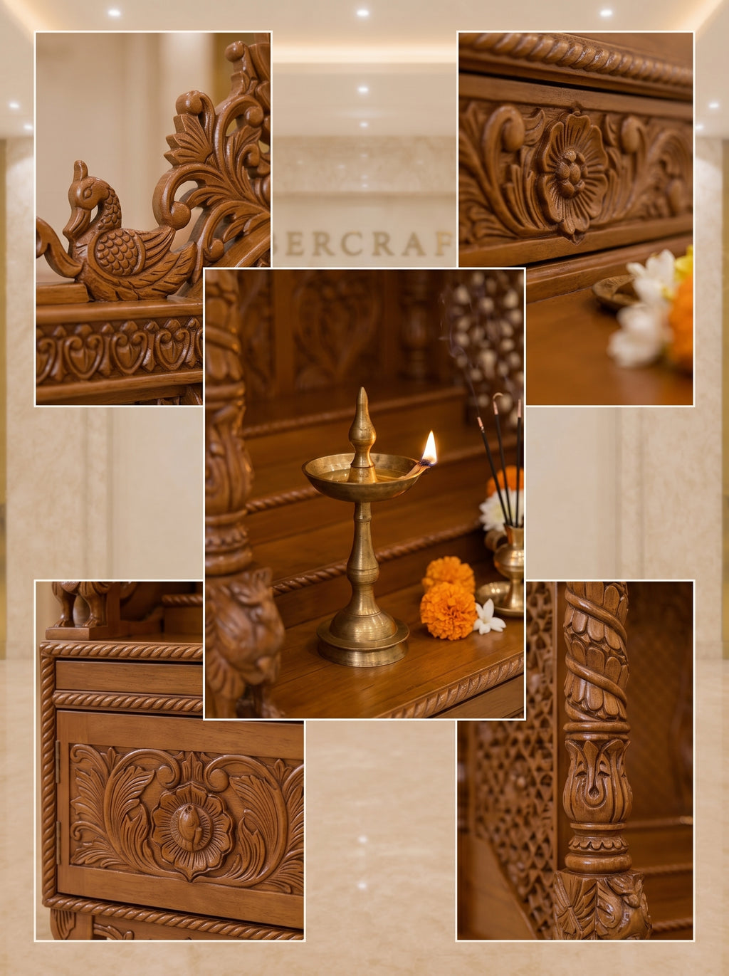 Mayur Singhaasan Teak Wood Pooja Mandir | Peacock Crown Grand Temple | Saharanpur Handmade | TIMBERCRAFTIN