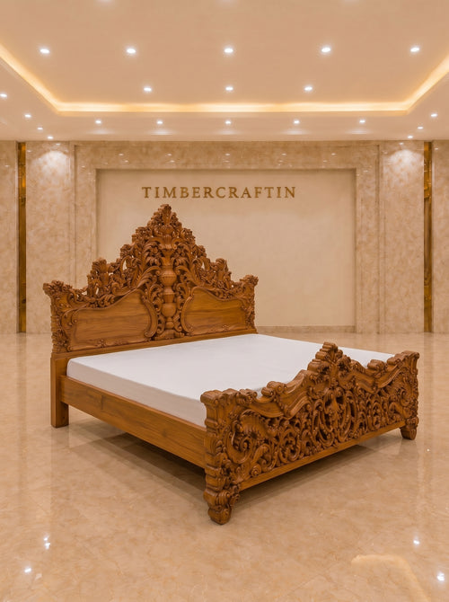 Handcrafted Pure Teak Wood King Size Bed | Royal Floral Carving | Saharanpur Wooden Furniture | Wedding Gift | 72x74x78 inches
