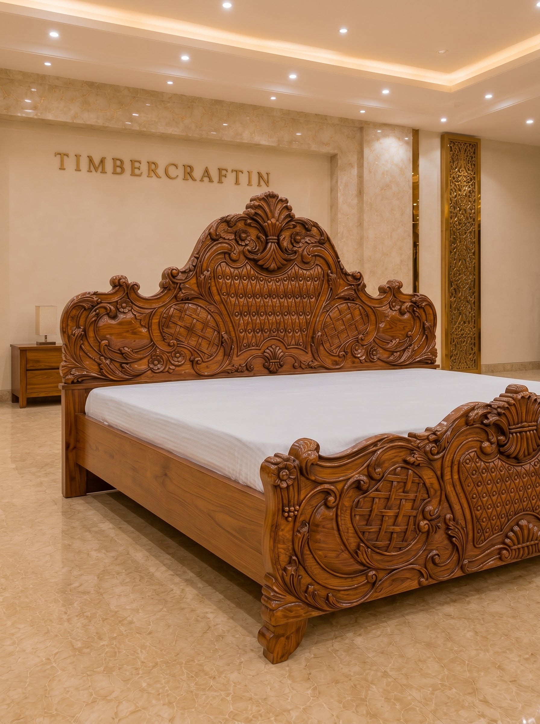 TIMBERCRAFTIN | Handcrafted Pure Teak Wood King Size Bed | Full Hand Carving | Zero CNC | Saharanpur |Diamond Weave|