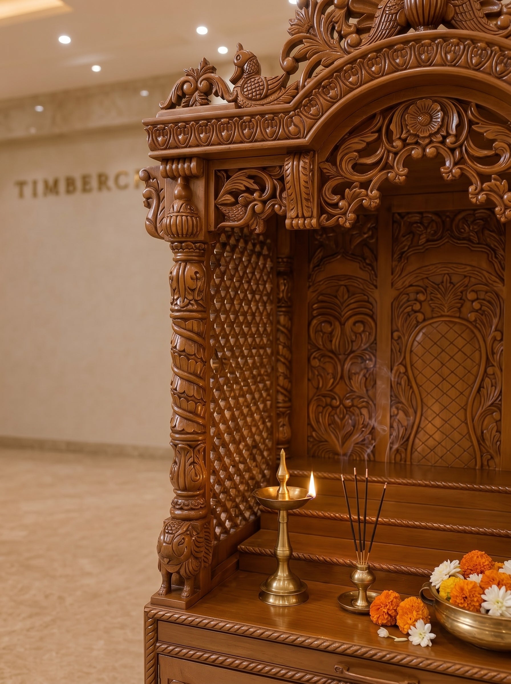 Mayur Singhaasan Teak Wood Pooja Mandir | Peacock Crown Grand Temple | Saharanpur Handmade | TIMBERCRAFTIN