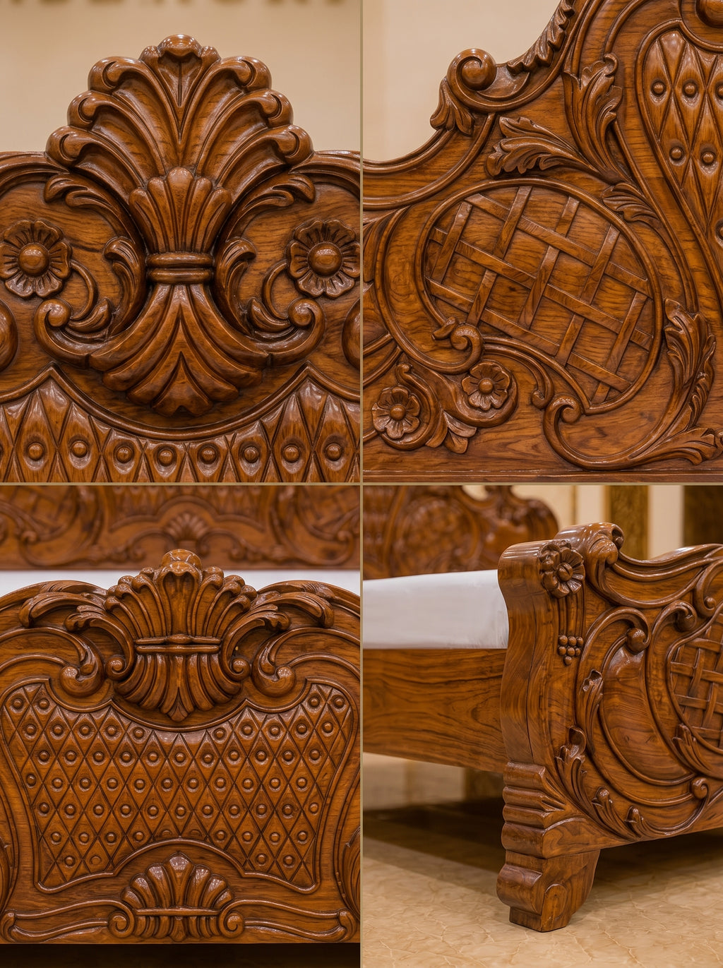 TIMBERCRAFTIN | Handcrafted Pure Teak Wood King Size Bed | Full Hand Carving | Zero CNC | Saharanpur |Diamond Weave|