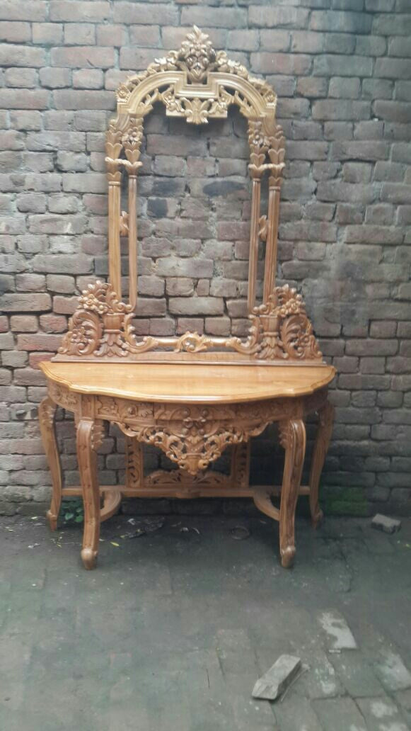 Mehraab Console Table with Arch Mirror — Hand-Carved Teakwood | Jali Apron | Natural Polish or Antique Gold | Made to Order