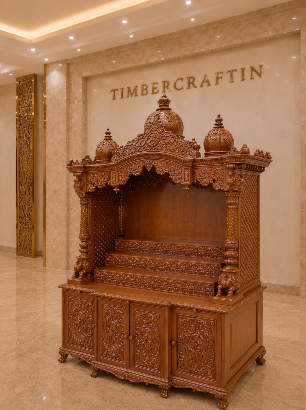 Raj Mahal Mandir Teak Wood Pooja Temple | Triple Dome Lion Column | Saharanpur Handmade | TIMBERCRAFTIN