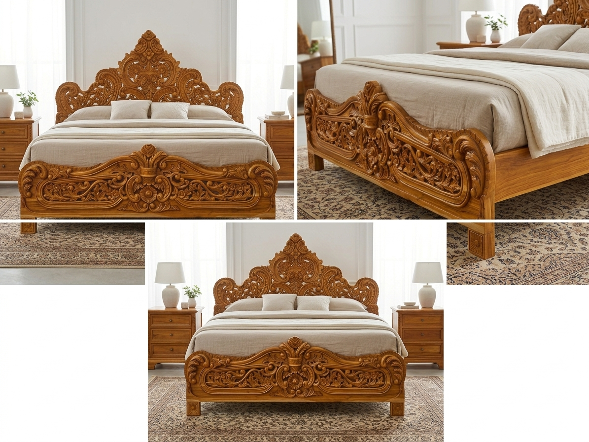 Royal Handcarved Teak Wood King Bed | Solid Teakwood Bed Frame | Traditional Indian Carved Bedroom Furniture | Luxury Wood Bed