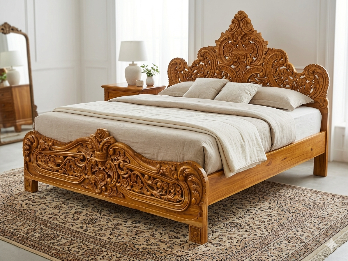 Royal Handcarved Teak Wood King Bed | Solid Teakwood Bed Frame | Traditional Indian Carved Bedroom Furniture | Luxury Wood Bed