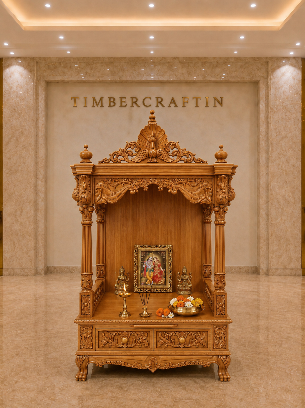 Mayur Prasad Teak Wood Pooja Mandir | Peacock Crown Temple | Saharanpur Handmade | TIMBERCRAFTIN