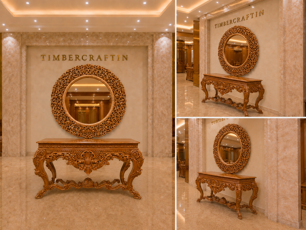 Mandala Grand Console Table with Round Carved Mirror — Hand-Carved Teakwood | Natural Polish or Antique Gold | Made to Order