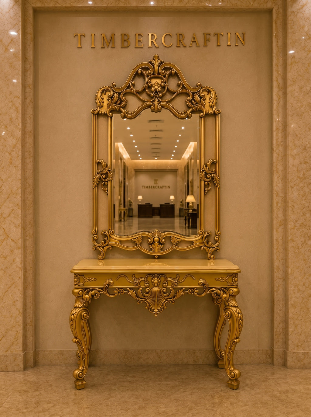 Royal Baroque Console Table with Ornate Mirror — Hand-Carved Teakwood | Antique Gold | Made to Order