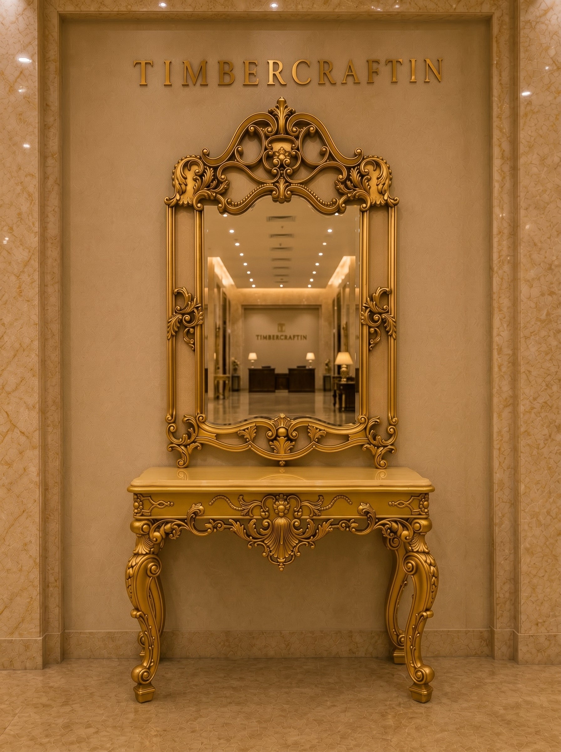 Royal Baroque Console Table with Ornate Mirror — Hand-Carved Teakwood | Antique Gold | Made to Order