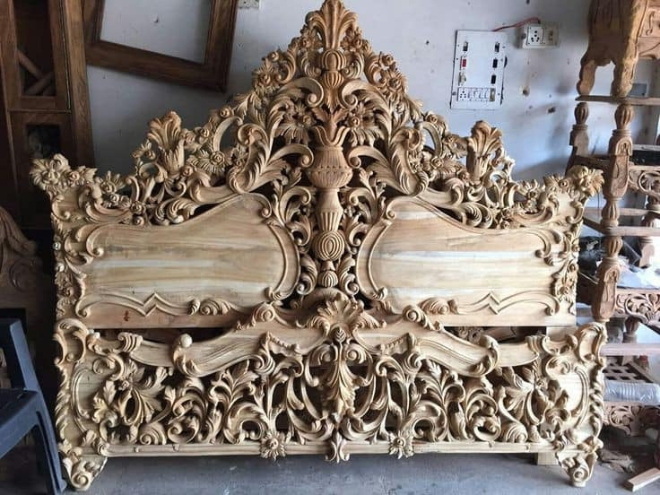 Handcrafted Pure Teak Wood King Size Bed | Royal Floral Carving | Saharanpur Wooden Furniture | Wedding Gift | 72x74x78 inches