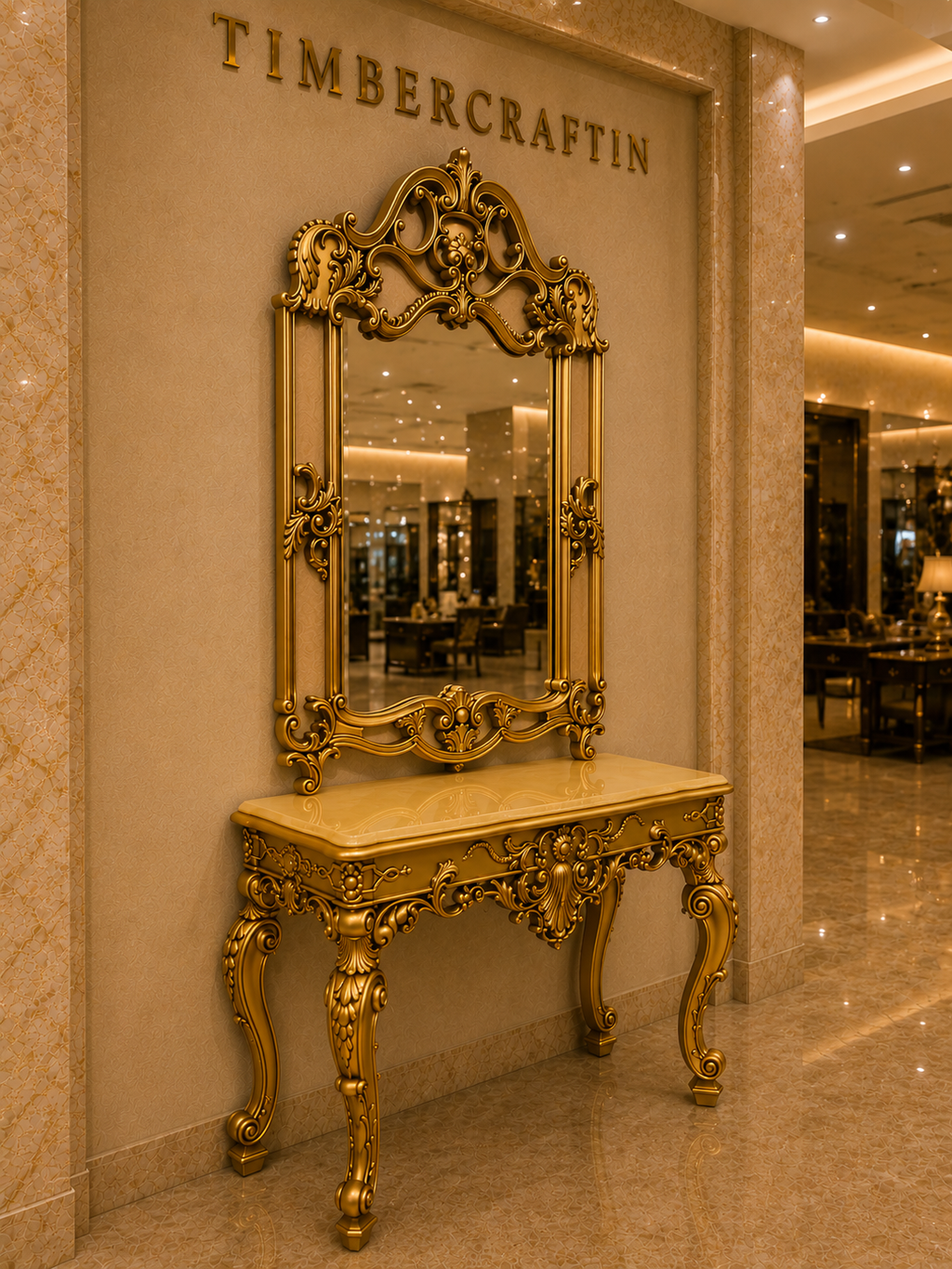 Royal Baroque Console Table with Ornate Mirror — Hand-Carved Teakwood | Antique Gold | Made to Order