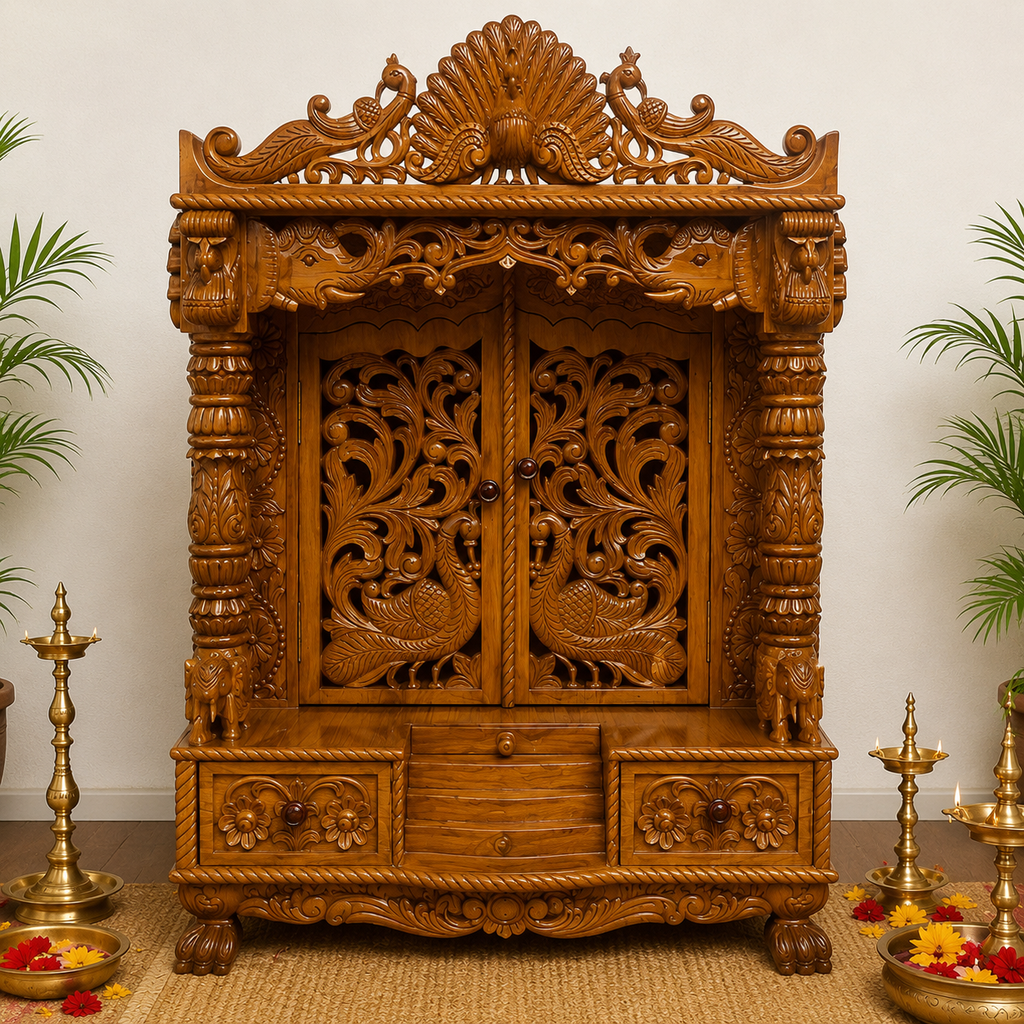 Handcrafted Teak Wood Temple | Traditional Hindu Pooja Mandir | Full Hand Carved Home Temple