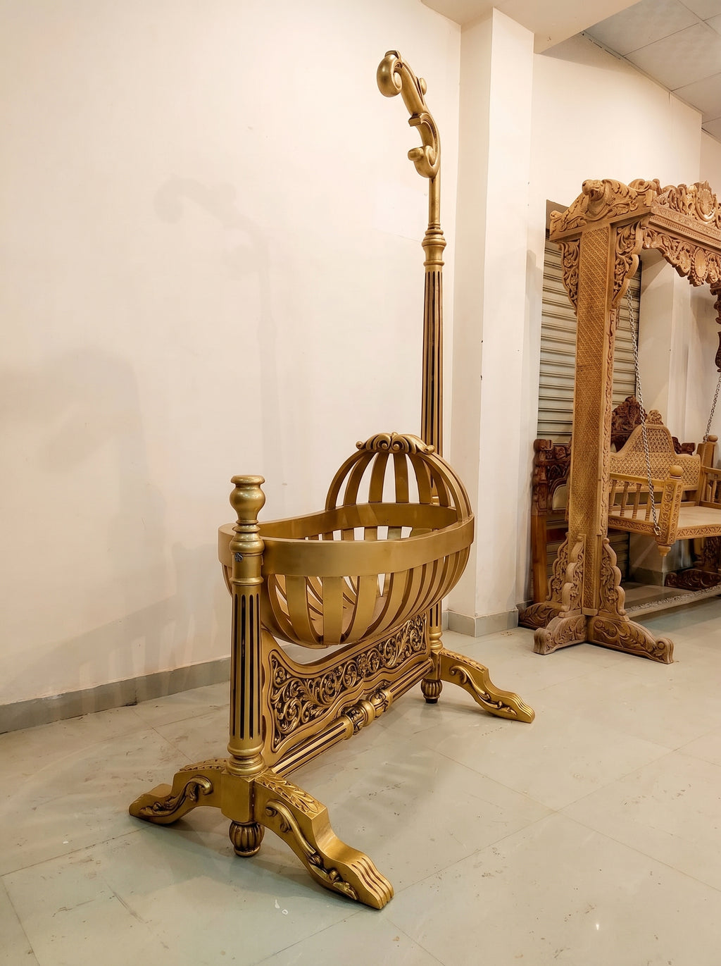 Handcrafted Gold Finish Wooden Baby Cradle | Teak Wood Palna Jhula | Hand Carved Baby Swing | Saharanpur Handicraft | Antique Gold | Natural Wood | Indian Baby Crib