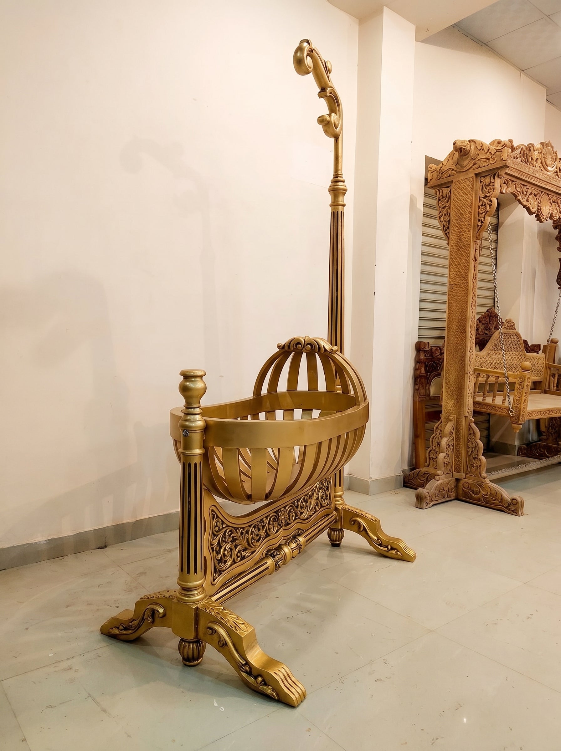 Handcrafted Gold Finish Wooden Baby Cradle | Teak Wood Palna Jhula | Hand Carved Baby Swing | Saharanpur Handicraft | Antique Gold | Natural Wood | Indian Baby Crib
