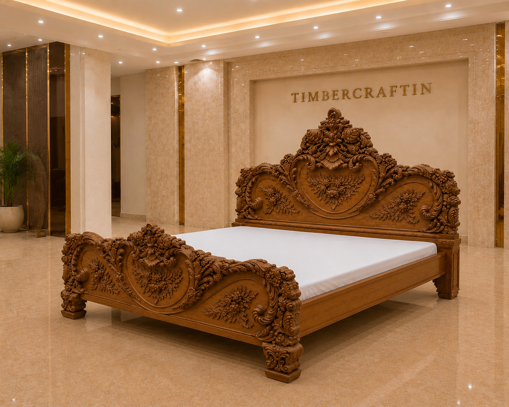 Royal Baroque Hand Carved Pure Teak Wood Bed | Saharanpur Handmade | King size Royal Bedroom