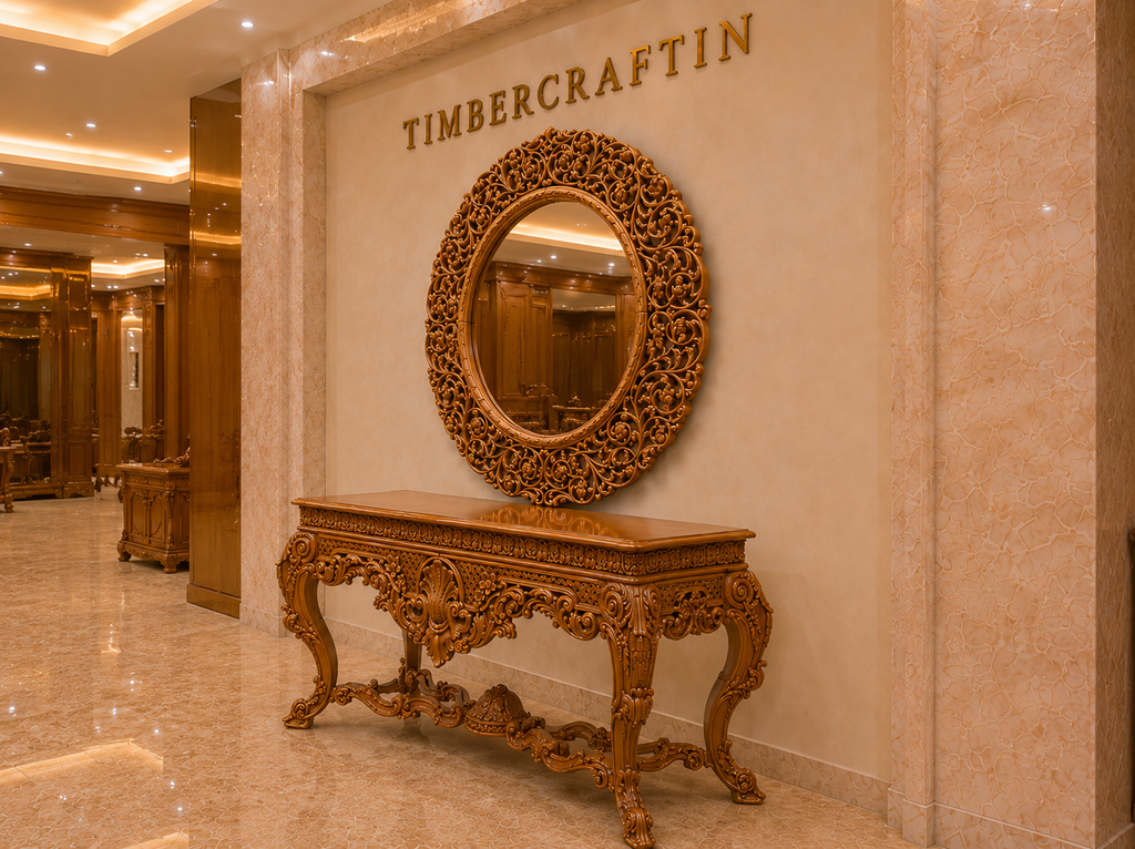 Mandala Grand Console Table with Round Carved Mirror — Hand-Carved Teakwood | Natural Polish or Antique Gold | Made to Order
