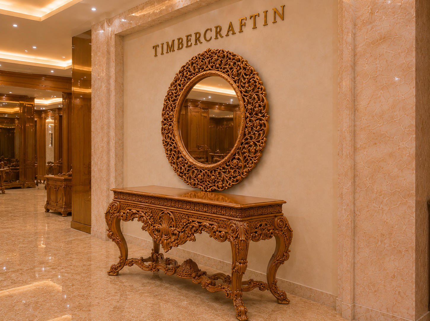 Mandala Grand Console Table with Round Carved Mirror — Hand-Carved Teakwood | Natural Polish or Antique Gold | Made to Order