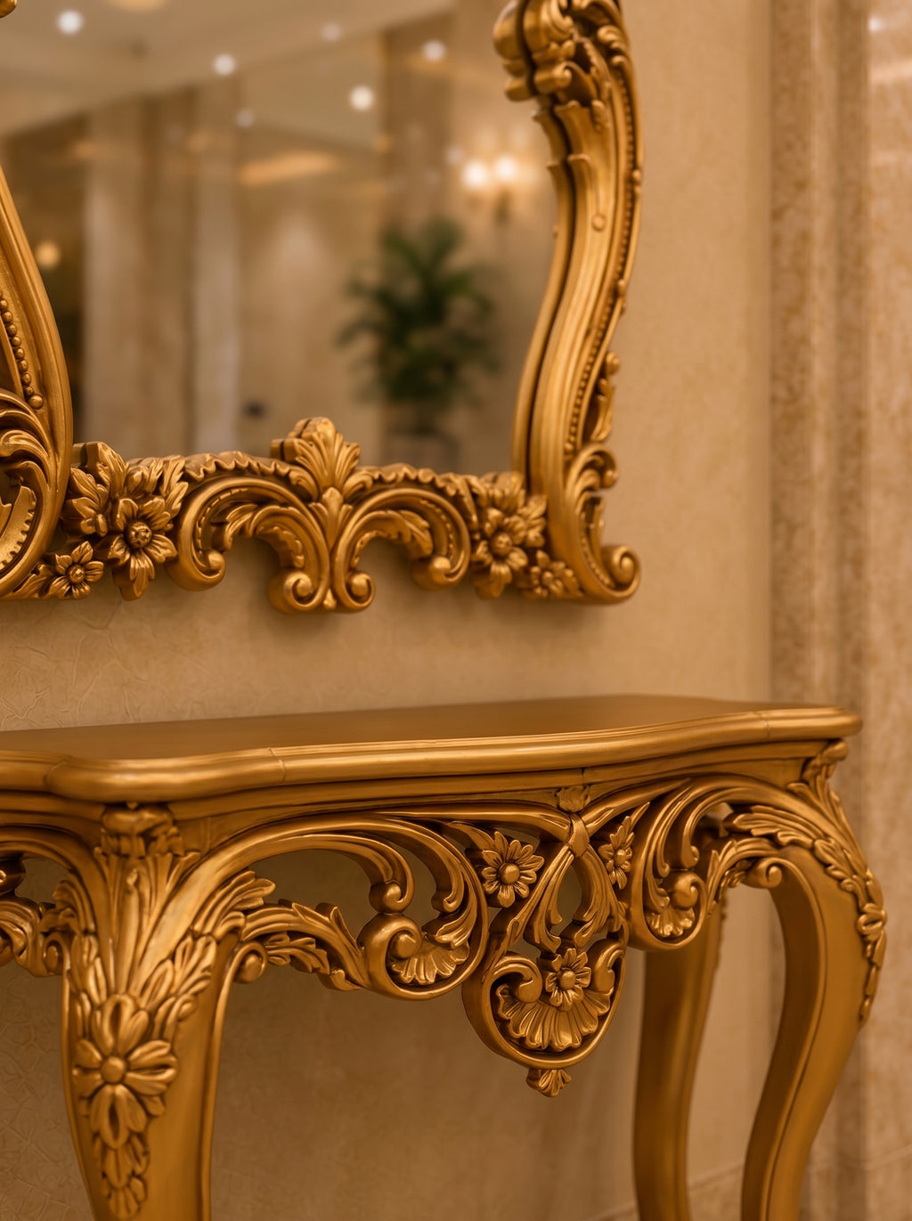 Flora Royal Console Table with Ornate Floral Mirror — Hand-Carved Teakwood | Antique Gold or Natural Polish | Made to Order