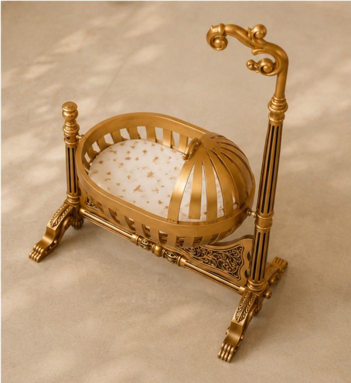 Handcrafted Gold Finish Wooden Baby Cradle | Teak Wood Palna Jhula | Hand Carved Baby Swing | Saharanpur Handicraft | Antique Gold | Natural Wood | Indian Baby Crib