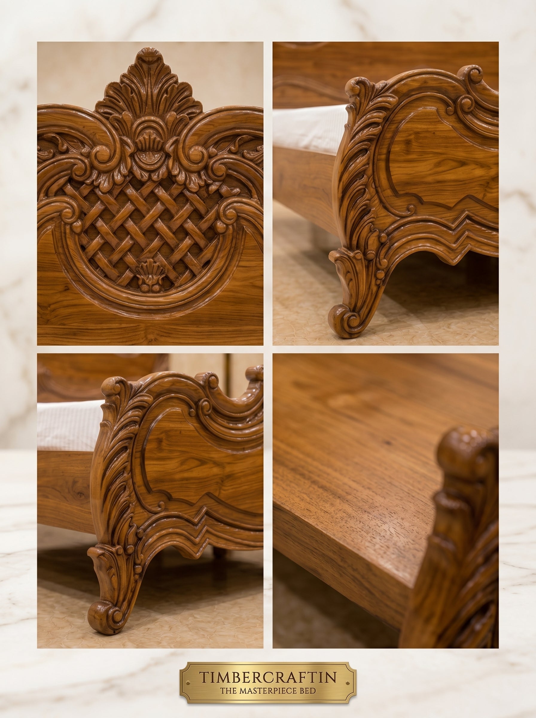 TIMBERCRAFTIN | "Lattice Crown" | Handcrafted Pure Teak Wood King Size Bed |  | Zero CNC |Carving Beds | Saharanpur |  | 74x78x60 inches