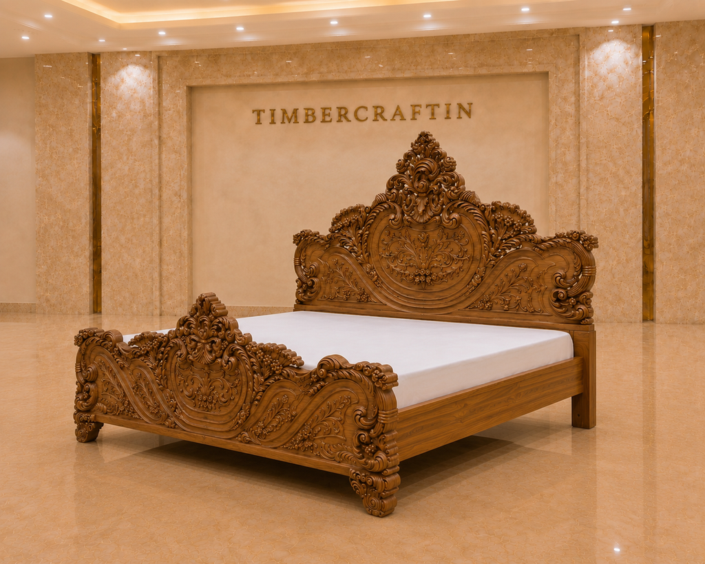 TIMBERCRAFTIN | Handcrafted Pure Teak Wood King Size Bed | Heavy Side & Footboard Carving |Mughal Guarden| Zero CNC | Saharanpur | Wedding Gift | 74x84x80 inches