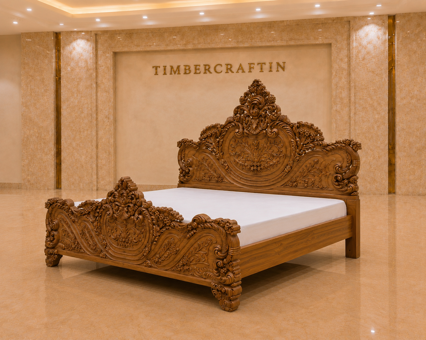 TIMBERCRAFTIN | Handcrafted Pure Teak Wood King Size Bed | Heavy Side & Footboard Carving |Mughal Guarden| Zero CNC | Saharanpur | Wedding Gift | 74x84x80 inches