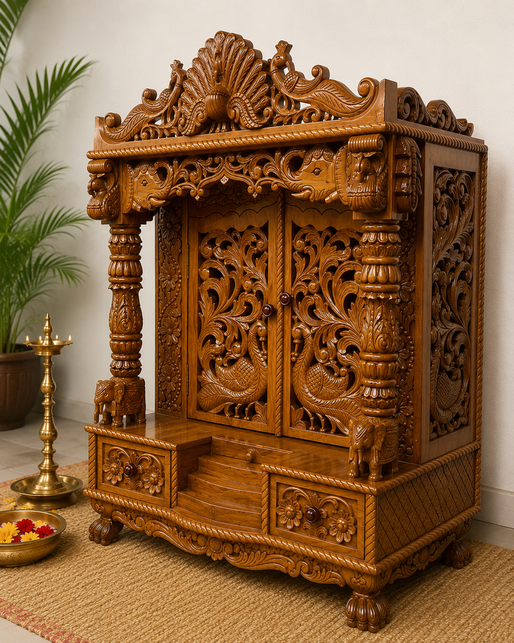 Handcrafted Teak Wood Temple | Traditional Hindu Pooja Mandir | Full Hand Carved Home Temple