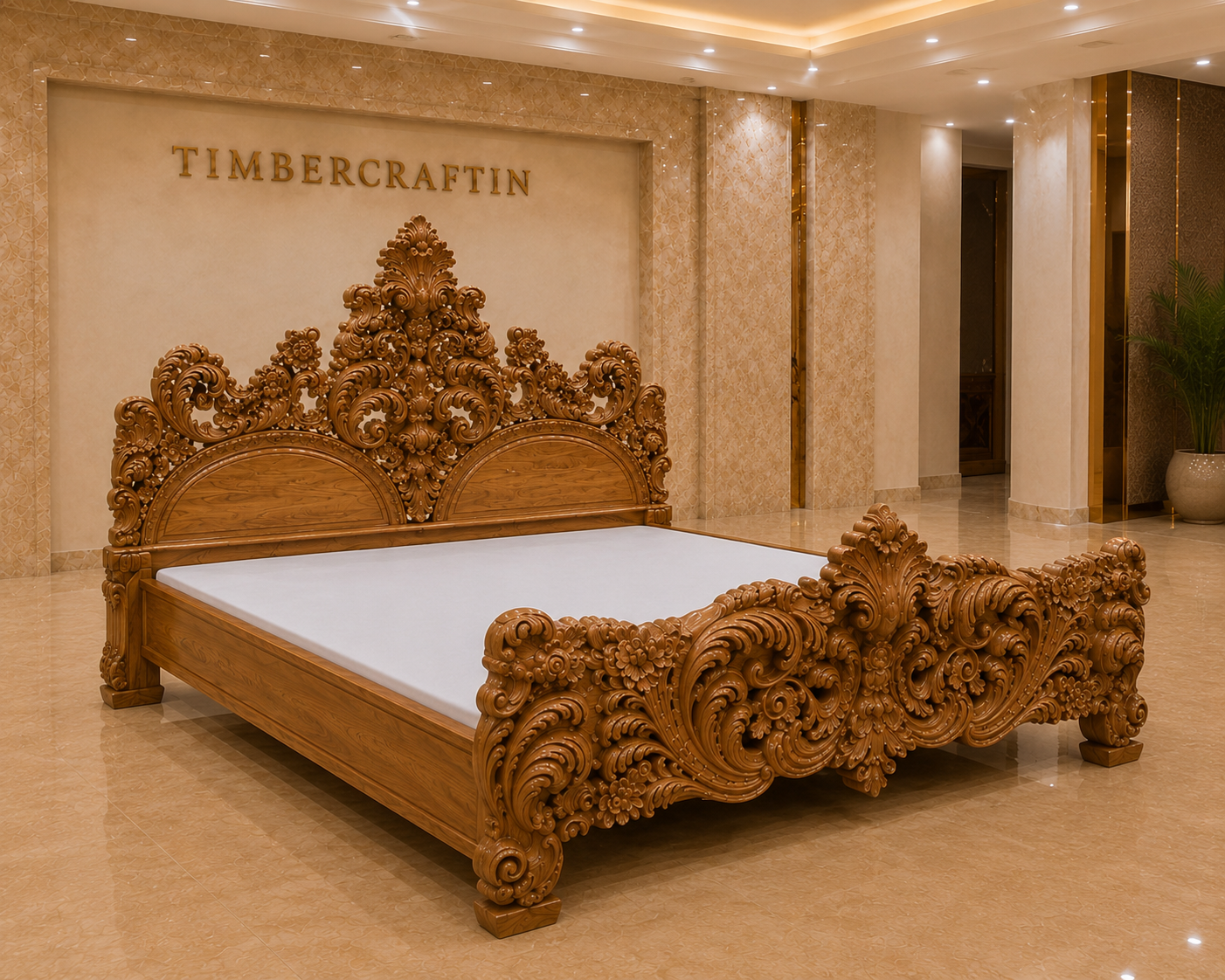 TIMBERCRAFTIN | Museum-Grade Hand-Carved Pure Teak Wood King Size Bed | 7ft+ Headboard | Heavy Baroque Carving | Zero CNC | Saharanpur | Wedding Gift | 76x80x84 inches