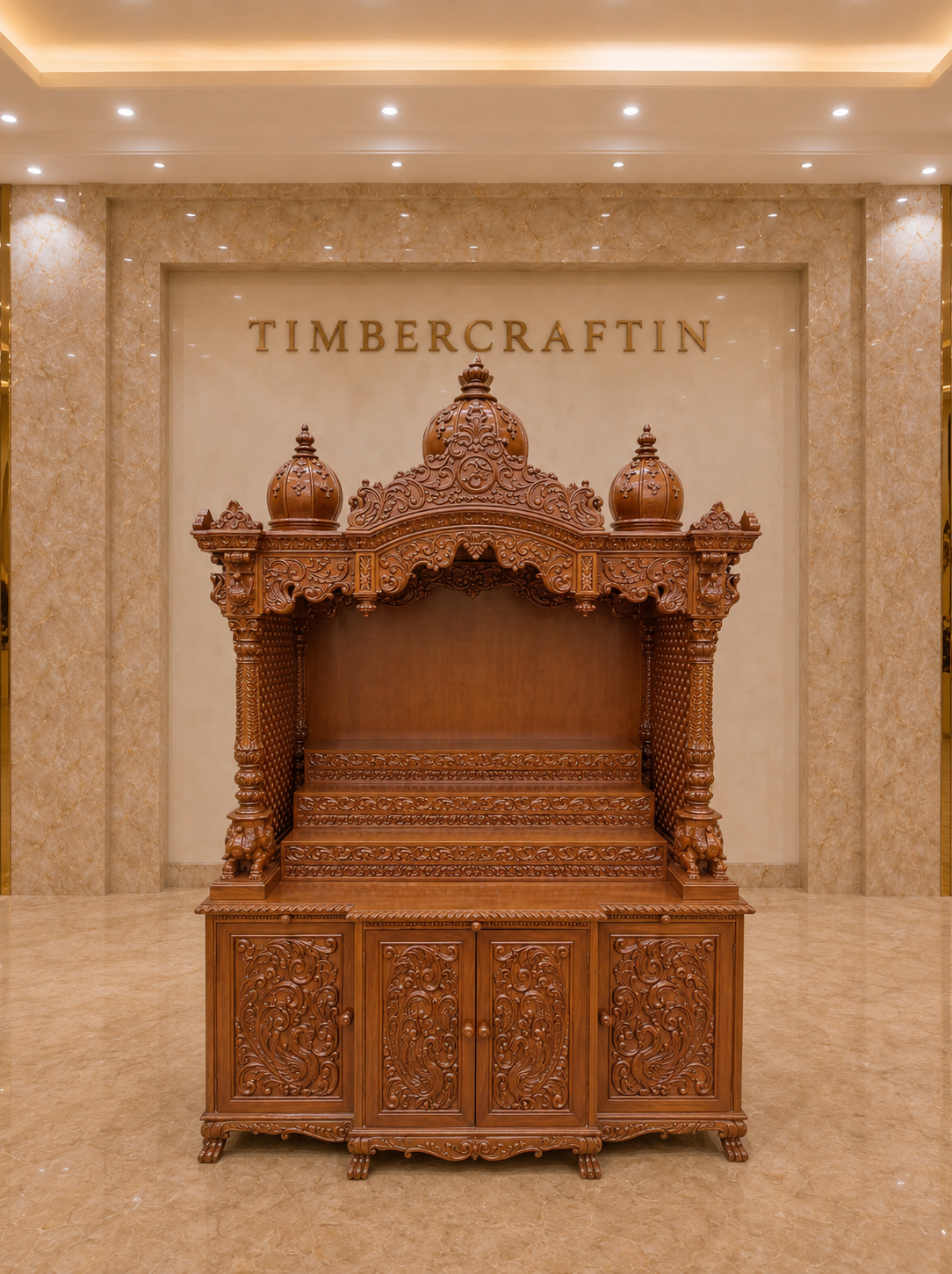 Raj Mahal Mandir Teak Wood Pooja Temple | Triple Dome Lion Column | Saharanpur Handmade | TIMBERCRAFTIN
