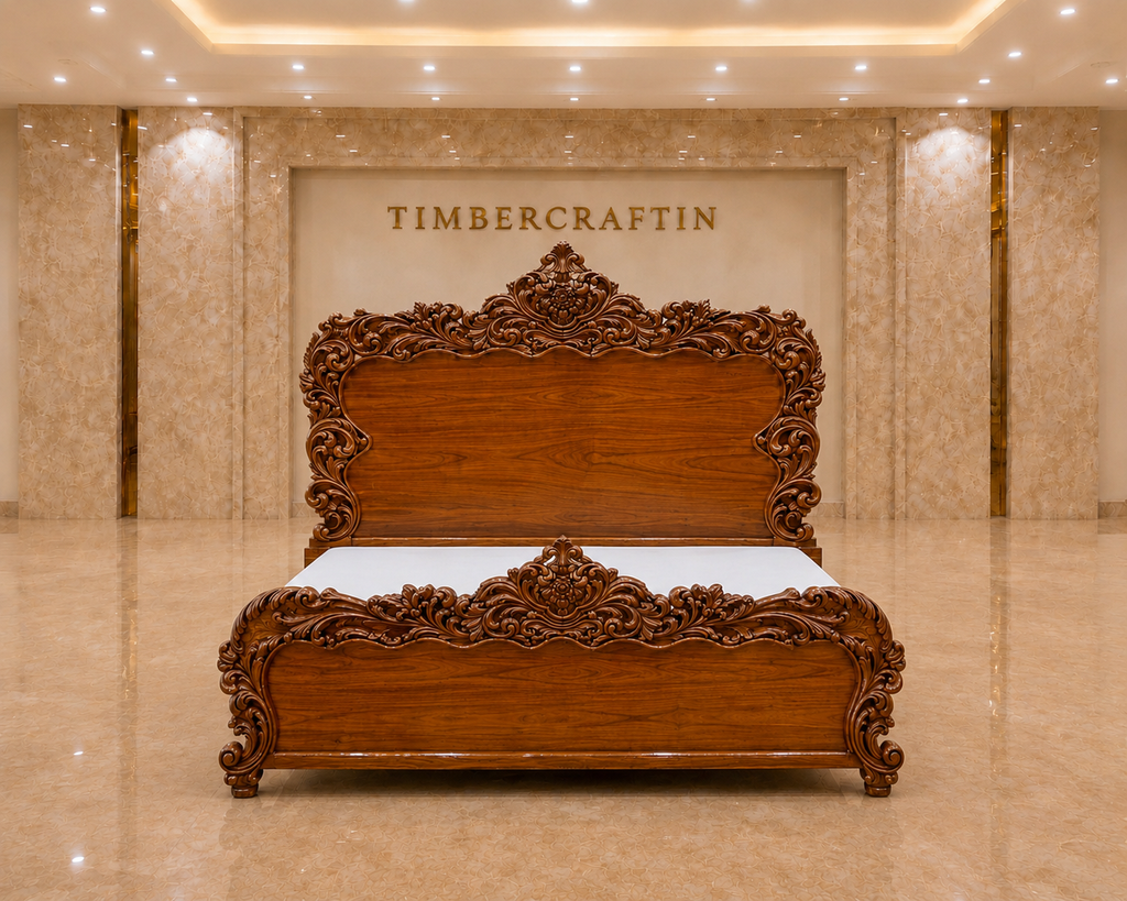 TIMBERCRAFTIN | "Imperial Lotus Throne" | Handcrafted Pure Teak Wood King Size Bed | Heavy All-Over Carving | Zero CNC | Saharanpur | Wedding Gift | 74x84x80