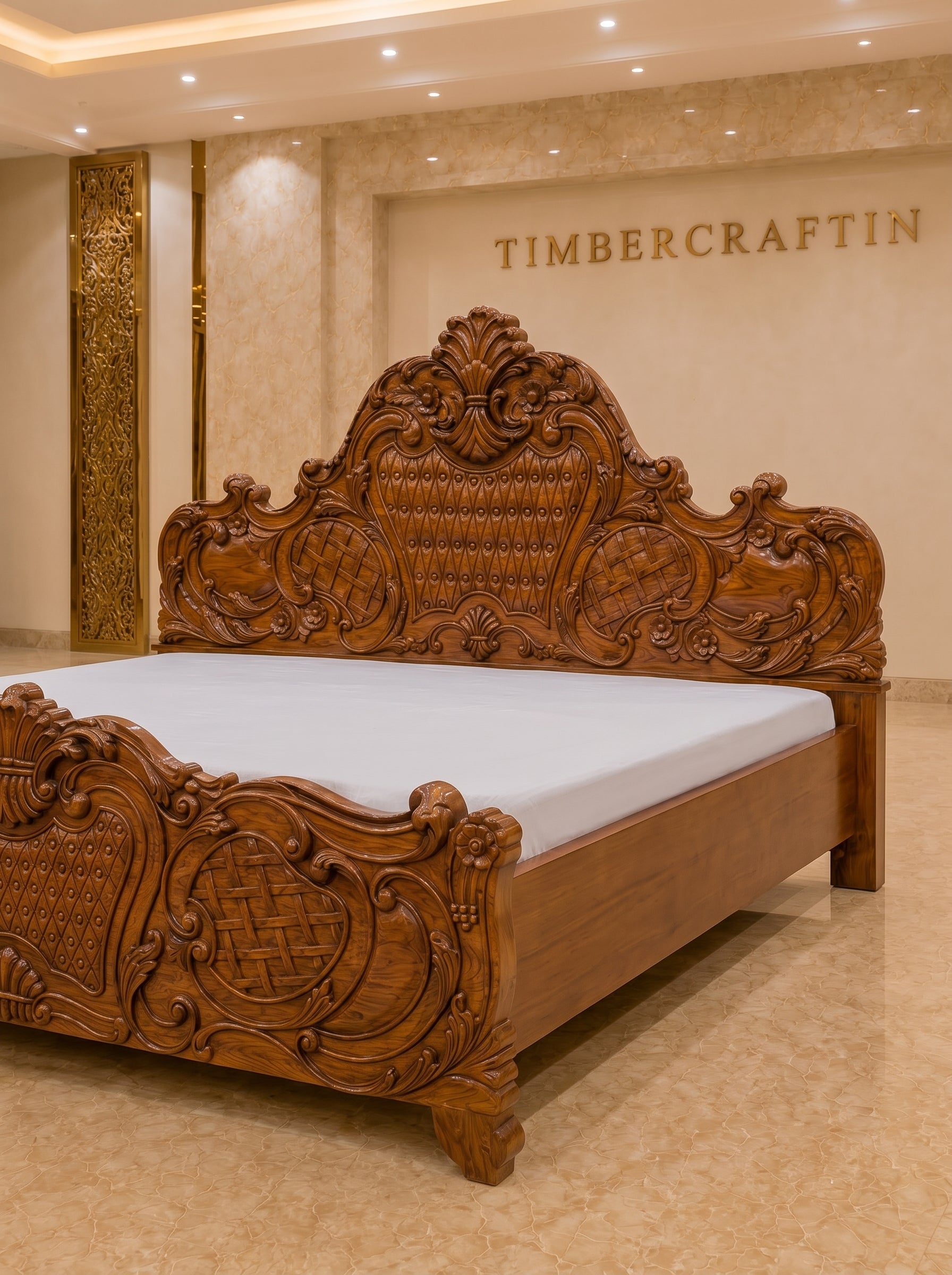 TIMBERCRAFTIN | Handcrafted Pure Teak Wood King Size Bed | Full Hand Carving | Zero CNC | Saharanpur |Diamond Weave|