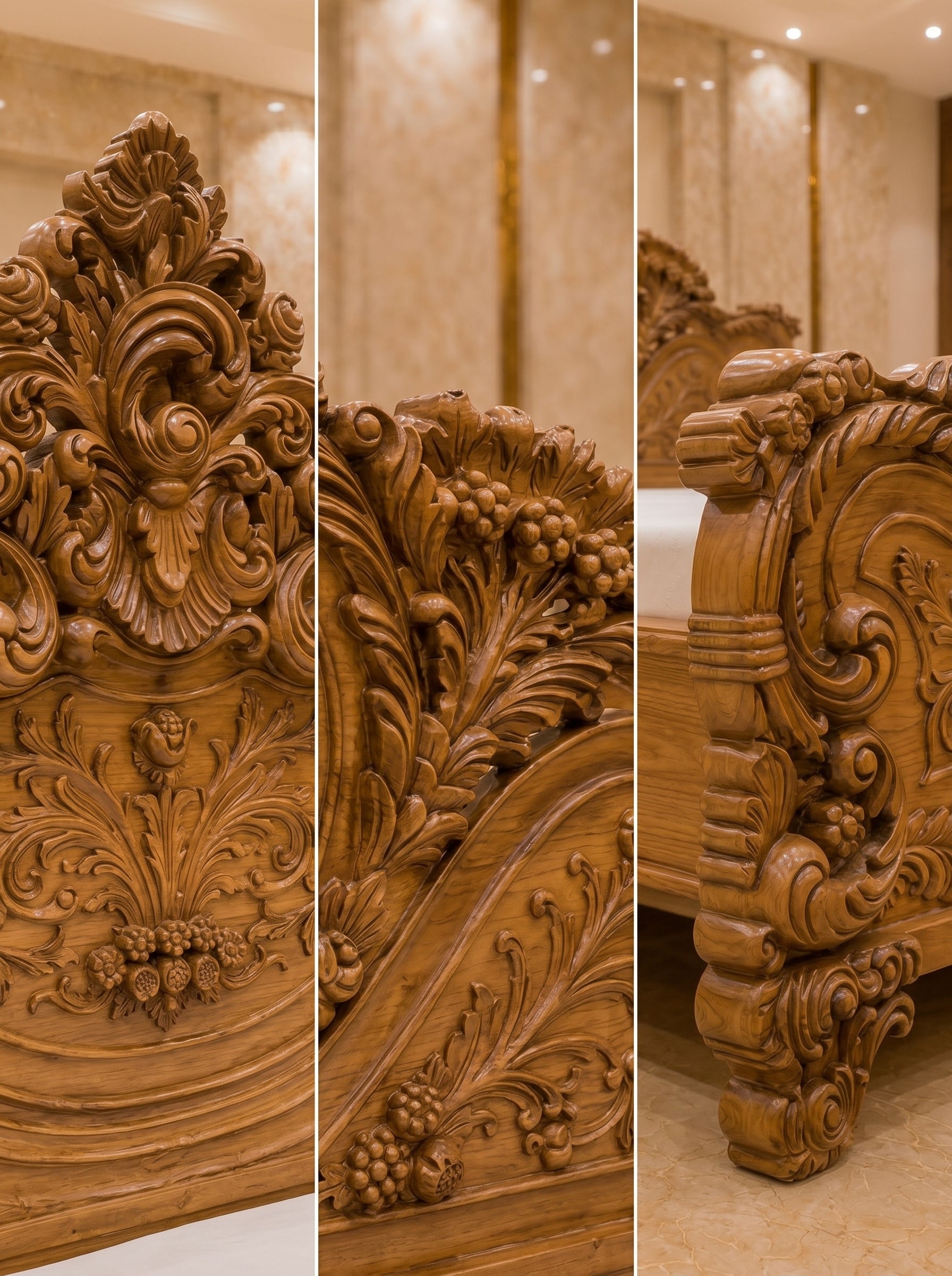 TIMBERCRAFTIN | Handcrafted Pure Teak Wood King Size Bed | Heavy Side & Footboard Carving |Mughal Guarden| Zero CNC | Saharanpur | Wedding Gift | 74x84x80 inches