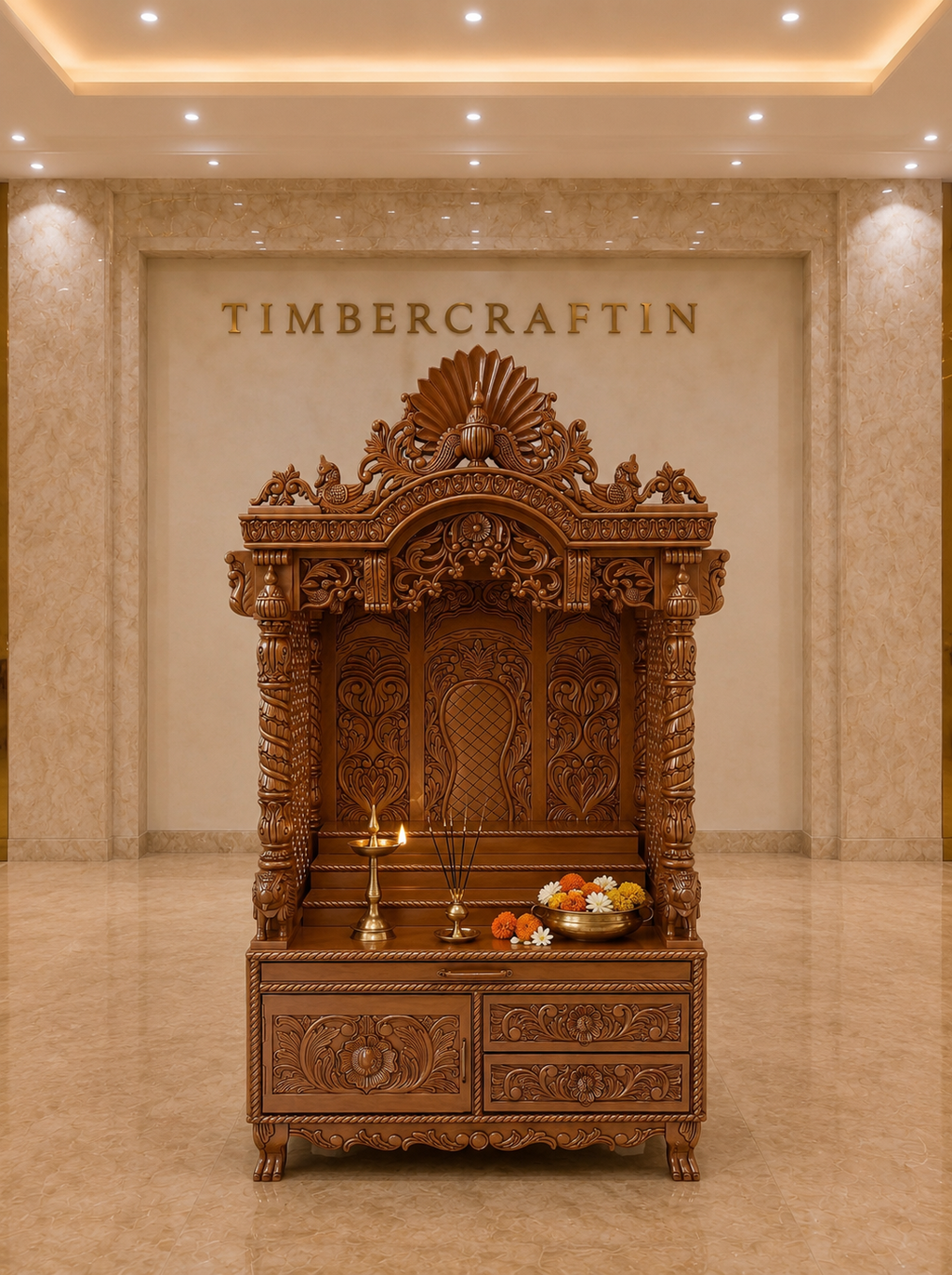 Mayur Singhaasan Teak Wood Pooja Mandir | Peacock Crown Grand Temple | Saharanpur Handmade | TIMBERCRAFTIN