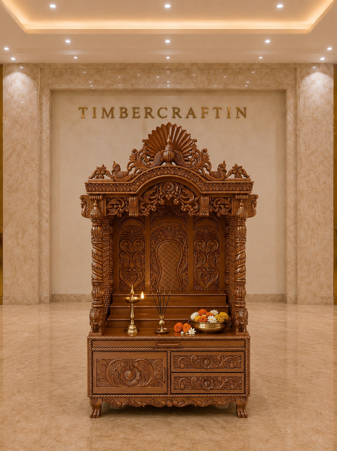 Mayur Singhaasan Teak Wood Pooja Mandir | Peacock Crown Grand Temple | Saharanpur Handmade | TIMBERCRAFTIN