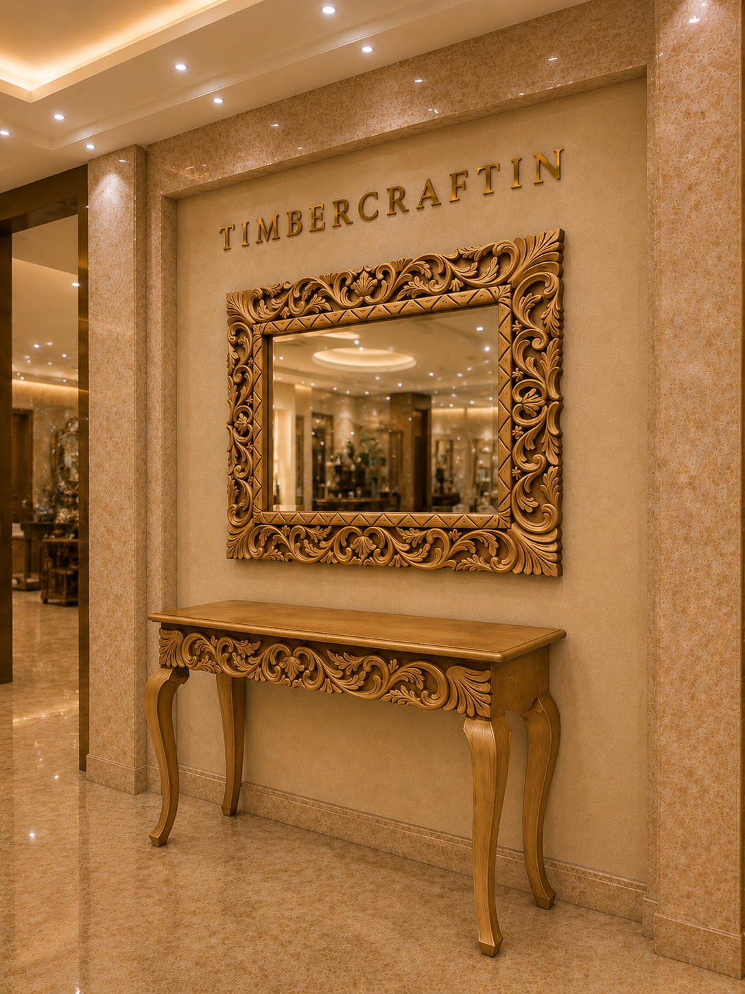 Heritage Console Table with Carved Mirror — Hand-Carved Teakwood | Natural Polish or Antique Gold | Made to Order