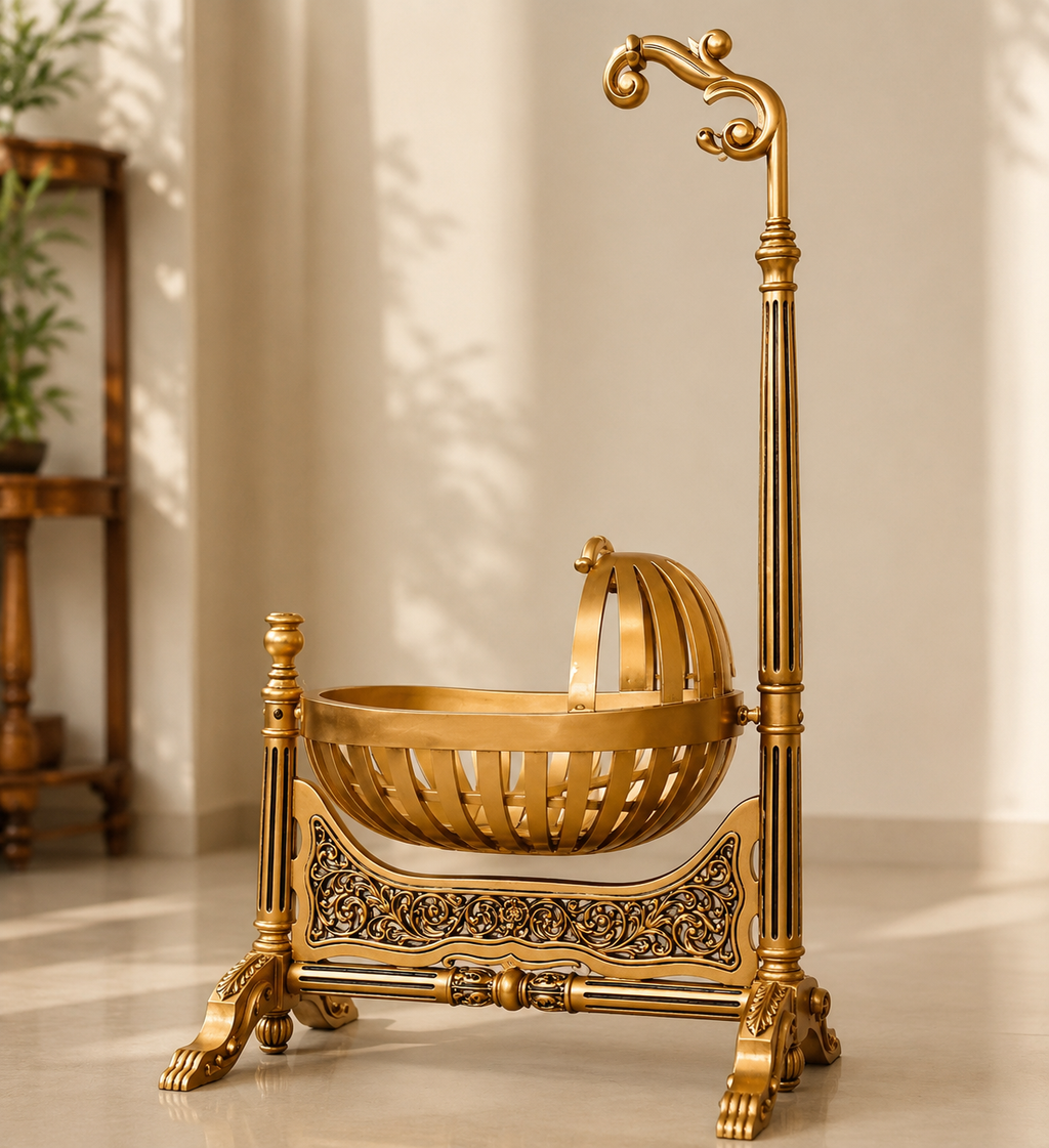 Handcrafted Gold Finish Wooden Baby Cradle | Teak Wood Palna Jhula | Hand Carved Baby Swing | Saharanpur Handicraft | Antique Gold | Natural Wood | Indian Baby Crib