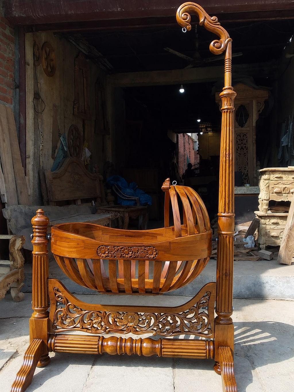 Handcrafted Gold Finish Wooden Baby Cradle | Teak Wood Palna Jhula | Hand Carved Baby Swing | Saharanpur Handicraft | Antique Gold | Natural Wood | Indian Baby Crib
