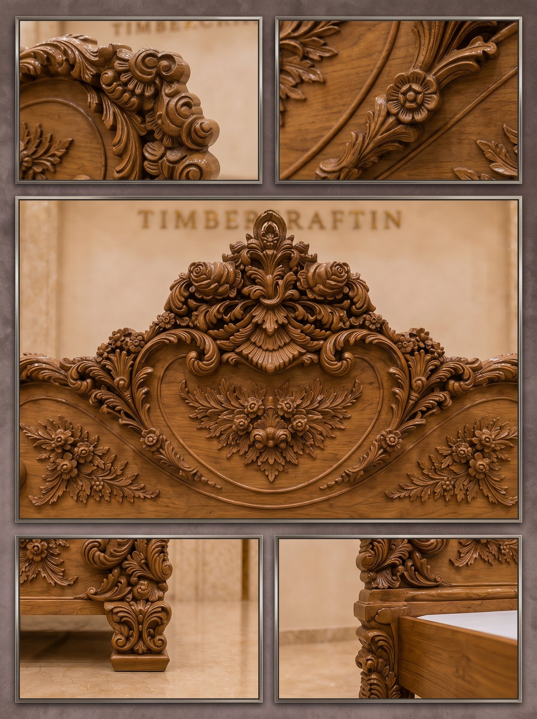 Royal Baroque Hand Carved Pure Teak Wood Bed | Saharanpur Handmade | King size Royal Bedroom