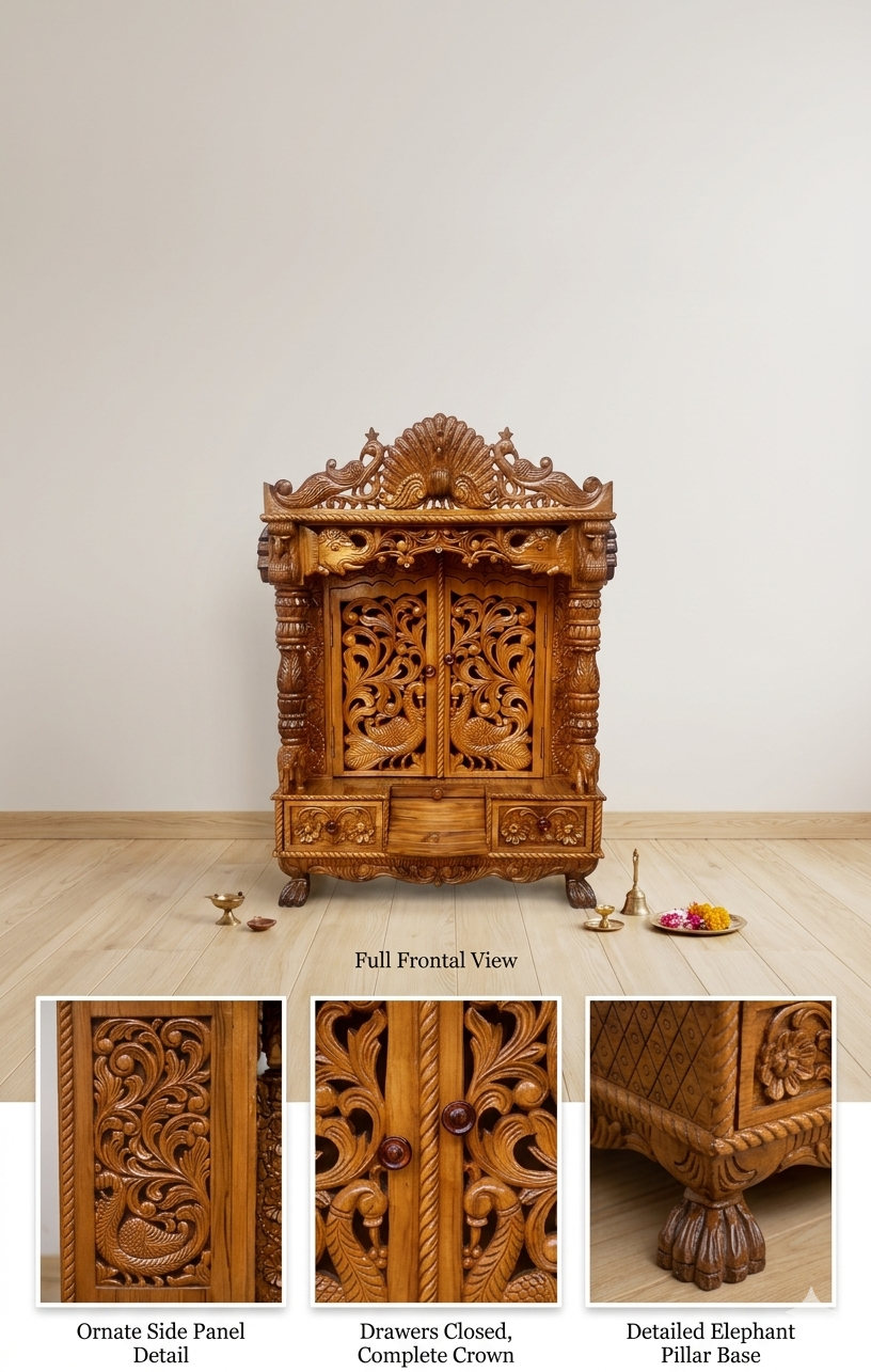 Handcrafted Teak Wood Temple | Traditional Hindu Pooja Mandir | Full Hand Carved Home Temple