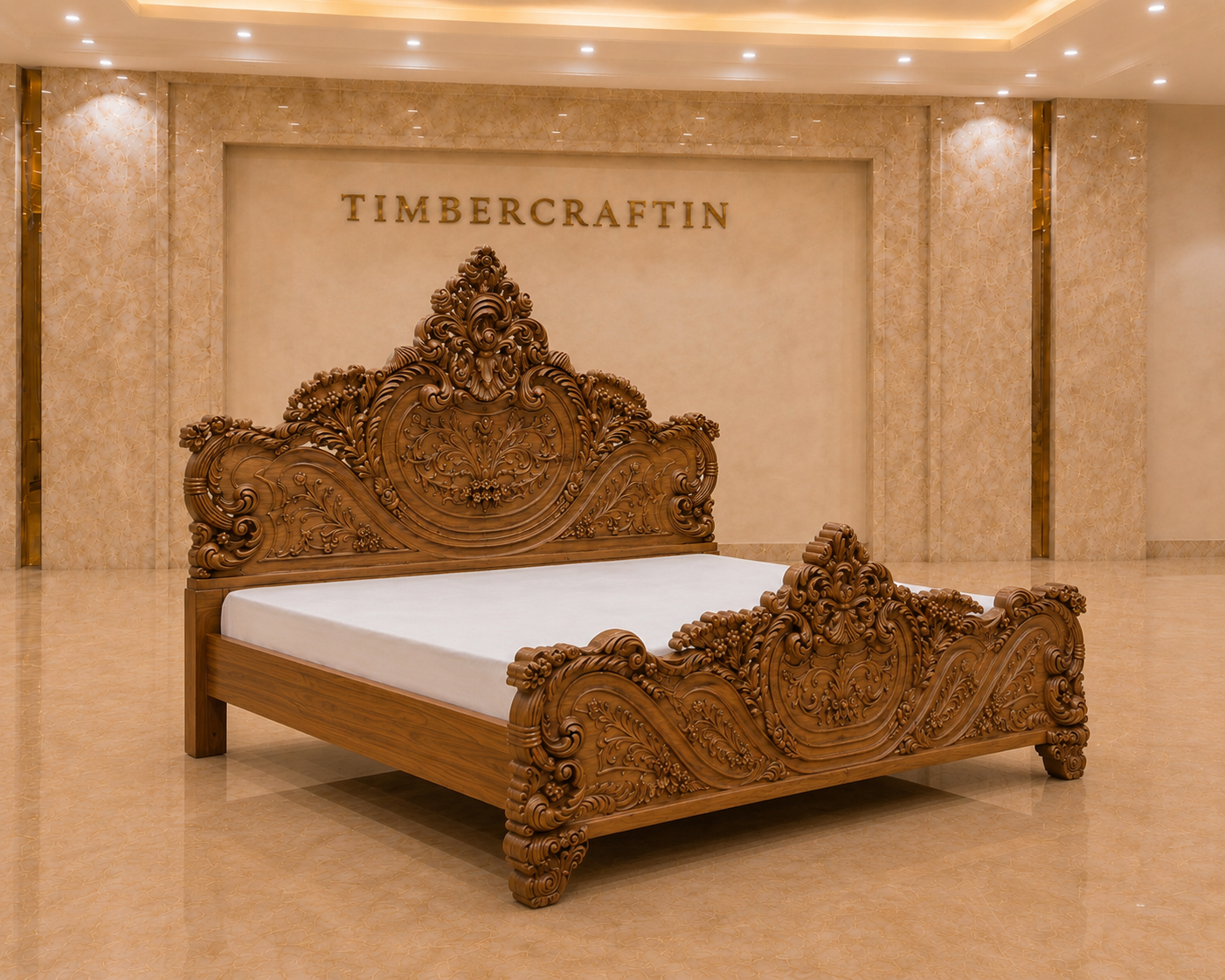 TIMBERCRAFTIN | Handcrafted Pure Teak Wood King Size Bed | Heavy Side & Footboard Carving |Mughal Guarden| Zero CNC | Saharanpur | Wedding Gift | 74x84x80 inches