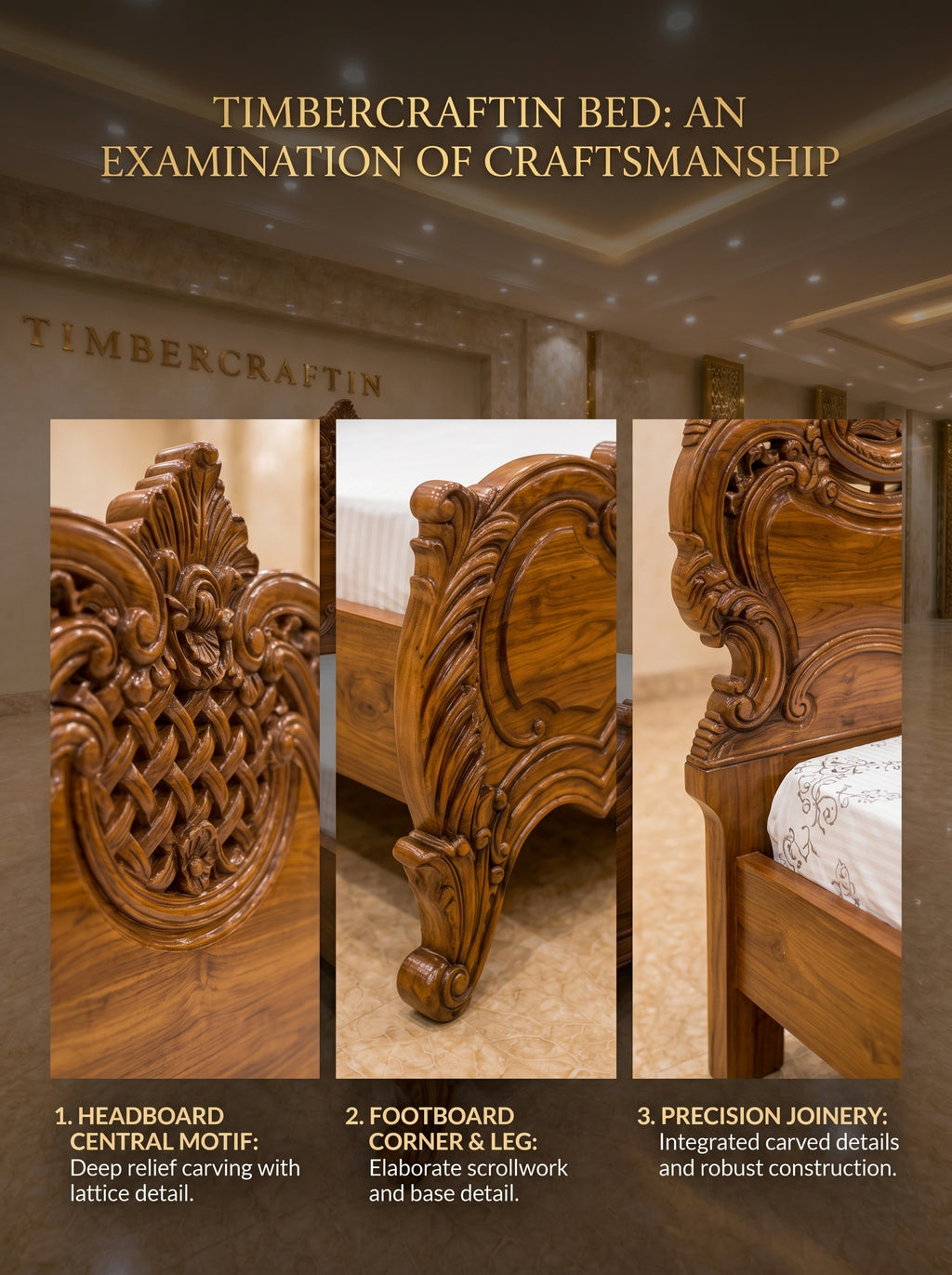TIMBERCRAFTIN | "Lattice Crown" | Handcrafted Pure Teak Wood King Size Bed |  | Zero CNC |Carving Beds | Saharanpur |  | 74x78x60 inches