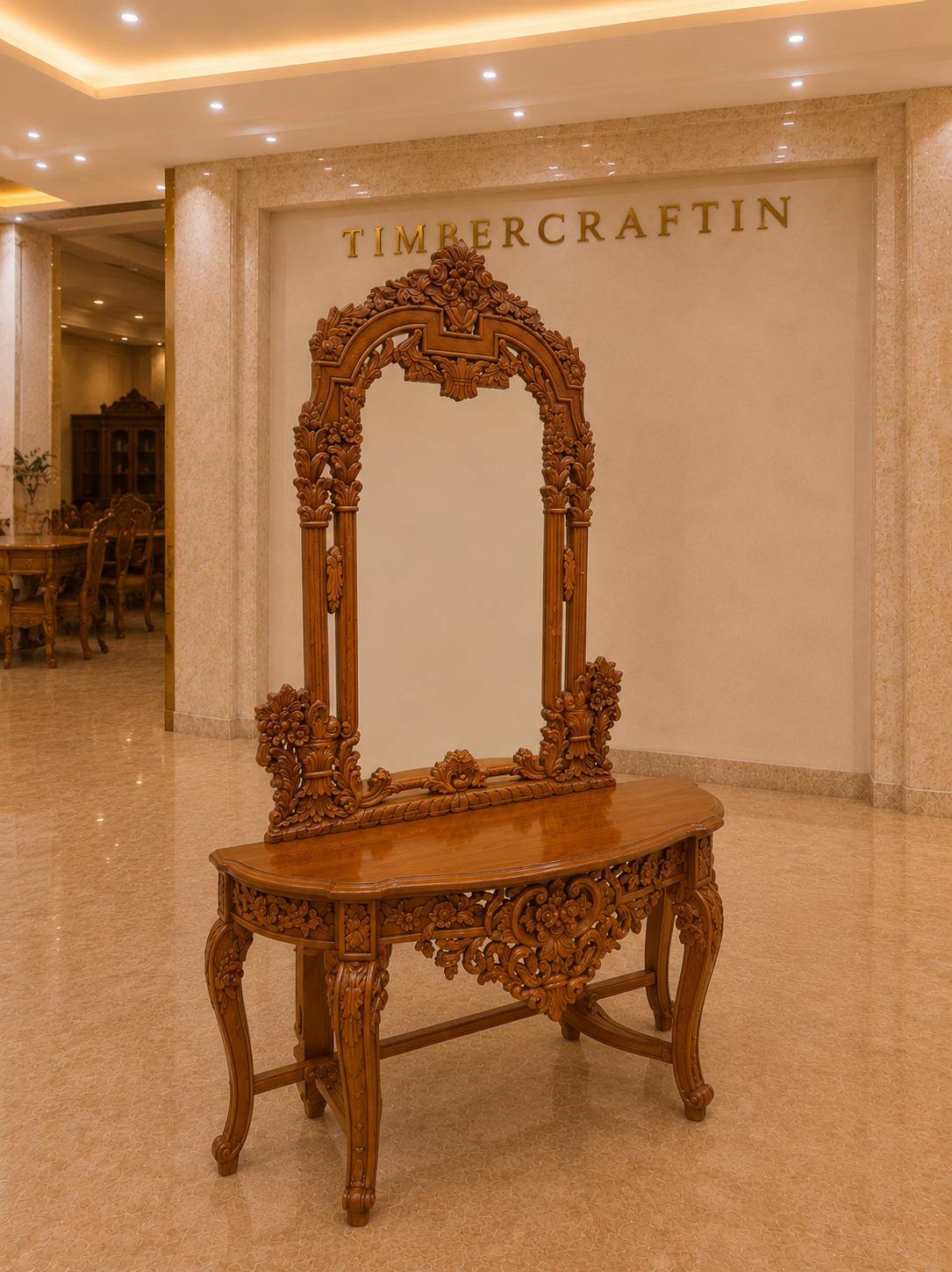Mehraab Console Table with Arch Mirror — Hand-Carved Teakwood | Jali Apron | Natural Polish or Antique Gold | Made to Order