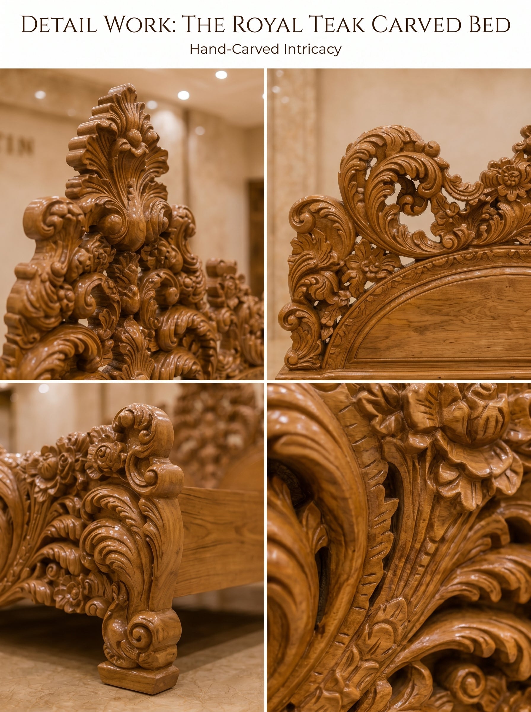 TIMBERCRAFTIN | Museum-Grade Hand-Carved Pure Teak Wood King Size Bed | 7ft+ Headboard | Heavy Baroque Carving | Zero CNC | Saharanpur | Wedding Gift | 76x80x84 inches