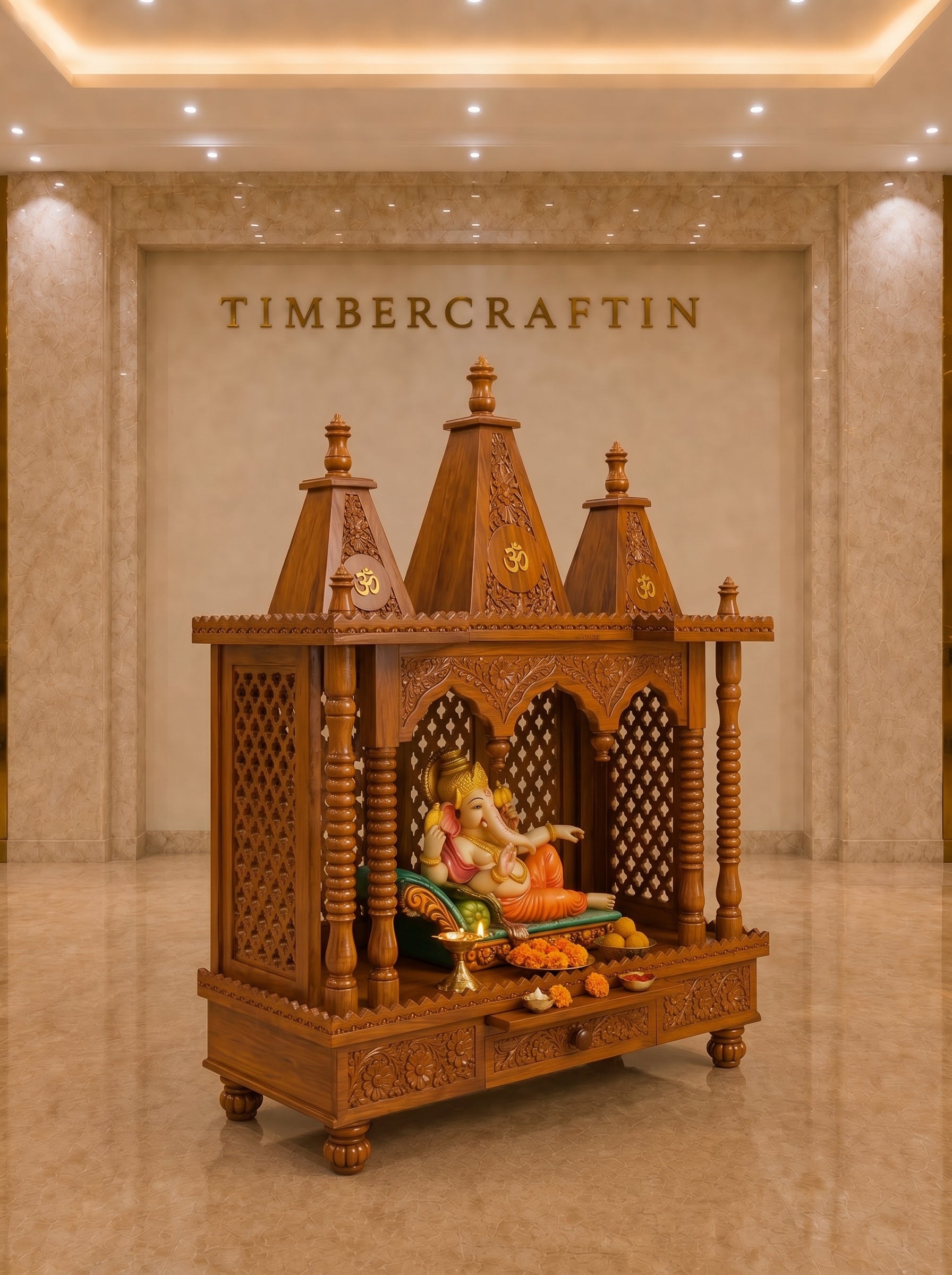 Shikhara Om Teak Wood Pooja Mandir | Saharanpur Handmade | TIMBERCRAFTIN