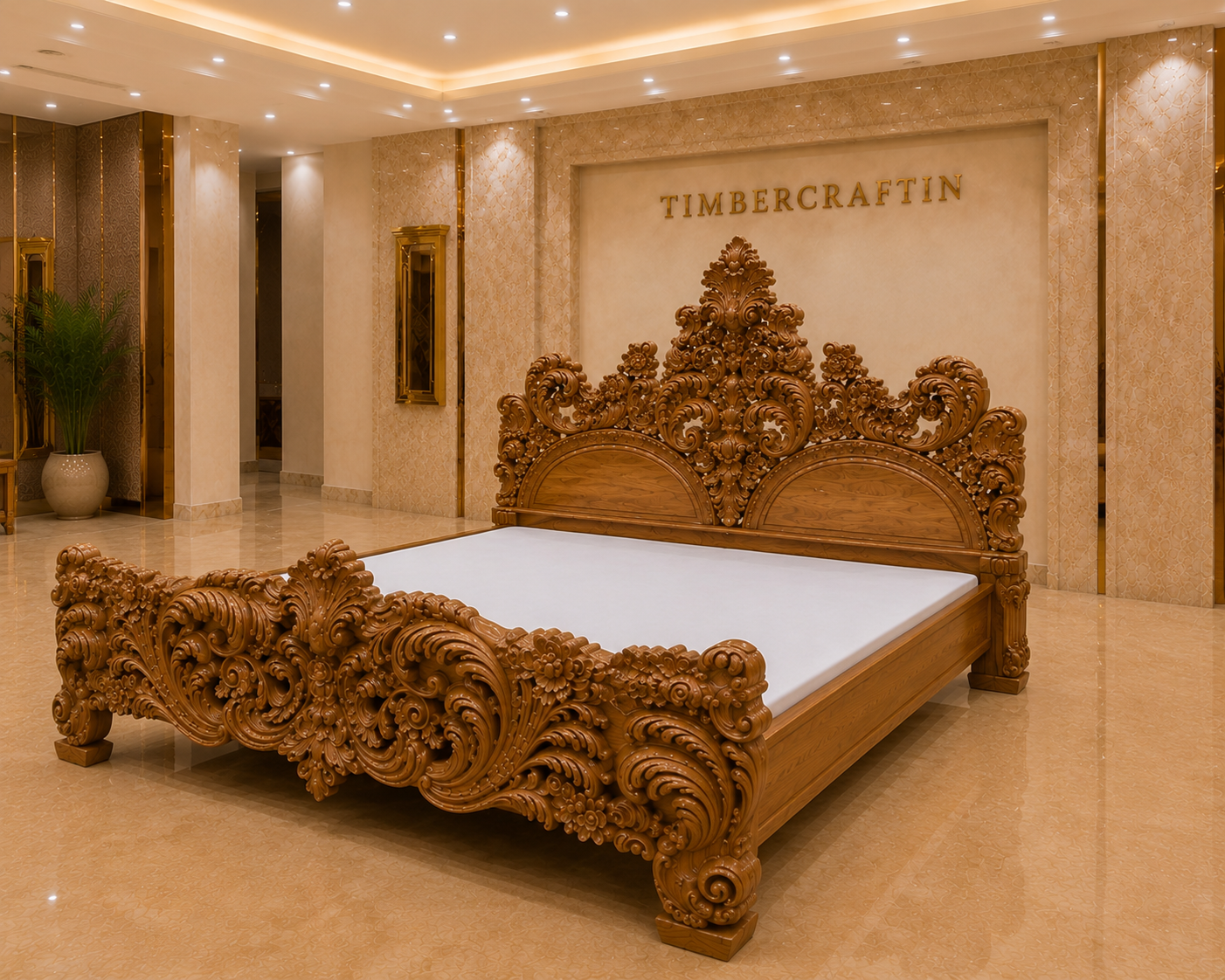 TIMBERCRAFTIN | Museum-Grade Hand-Carved Pure Teak Wood King Size Bed | 7ft+ Headboard | Heavy Baroque Carving | Zero CNC | Saharanpur | Wedding Gift | 76x80x84 inches